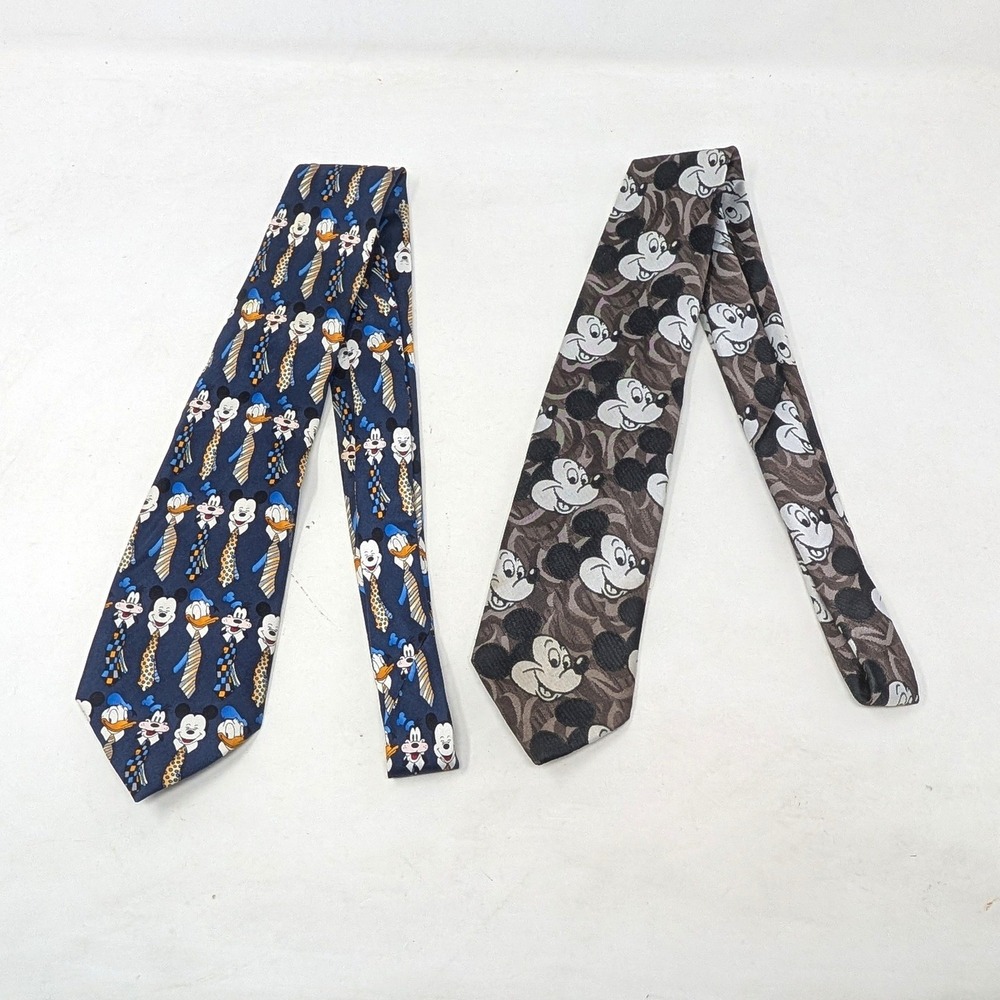 Disney World Mens Silk Tie Lot 2 Mickey Mouse Donald Duck Goofy Navy Brown
